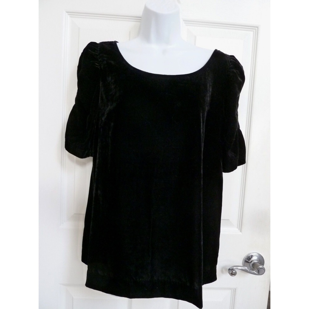 **TALBOTS Sz Med 8/10 Black Velvet Ruched Puff Sleeve Top Fairy Goth Witchy**